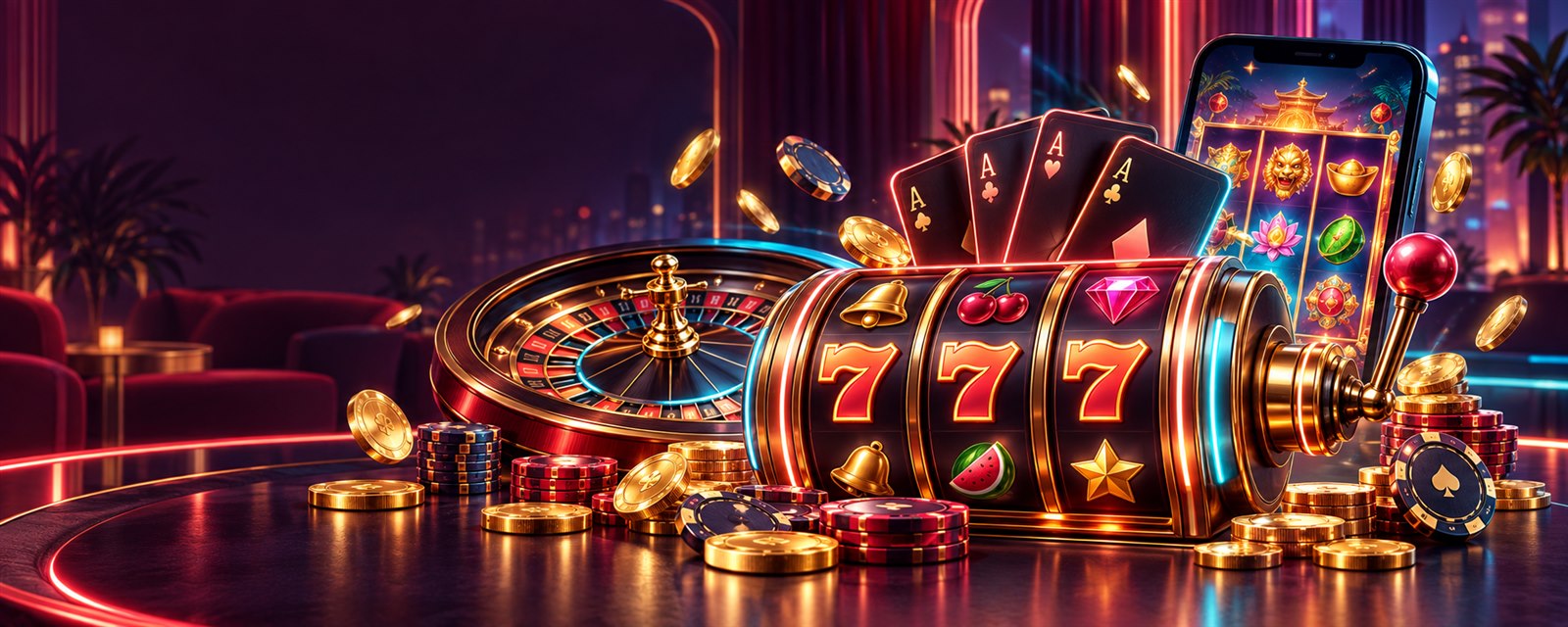 Mega888 casino lobby with slot reels, roulette, cards and mobile gaming